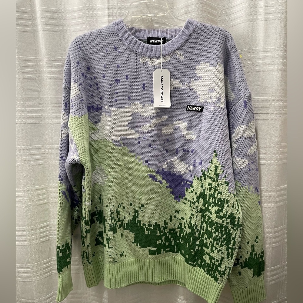 NERDY mountain crewneck sweater purple and green